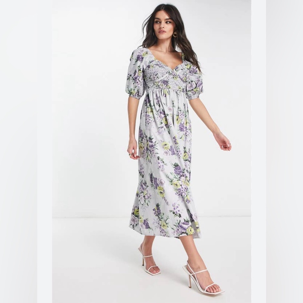 ASOS Designs NWOT Cotton Shirred Corset Floral Print Midi Dress Women's sz 6 US